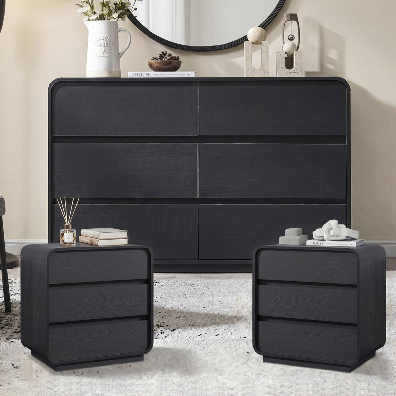 Ensemble de chambre à coucher 3 pièces courbée noire avec station de charge, Noir