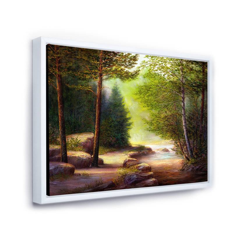 «Morning Sunlight Through The Spring Trees», peinture sur toile, H 24 po x l 32 po x P 1 po, Cadre flottant blanc