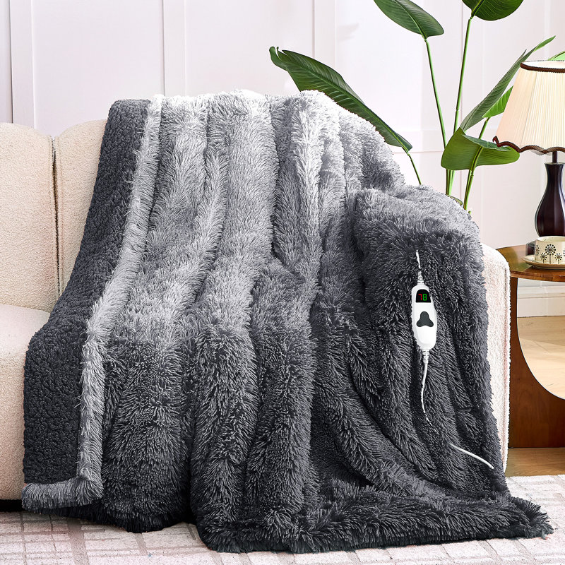 Jeté chauffant en molleton chauffant avec dossier en sherpa pelucheux, Gris, Lit double