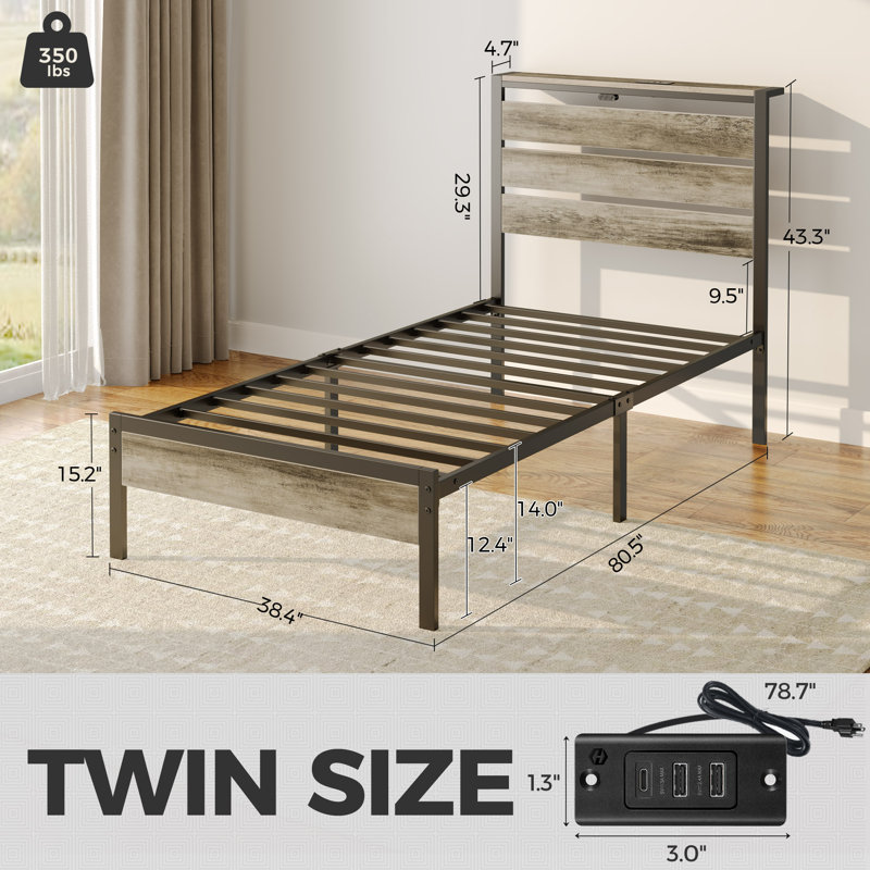 Hana Bed Frame with Headboard &  LED Lights, Metal Slat Bed with Charging Station, Twin/Single, Gray