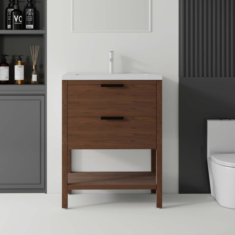Meuble-lavabo autoportant avec lavabo en céramique intégré et rangement à fermeture en douceur, Brun