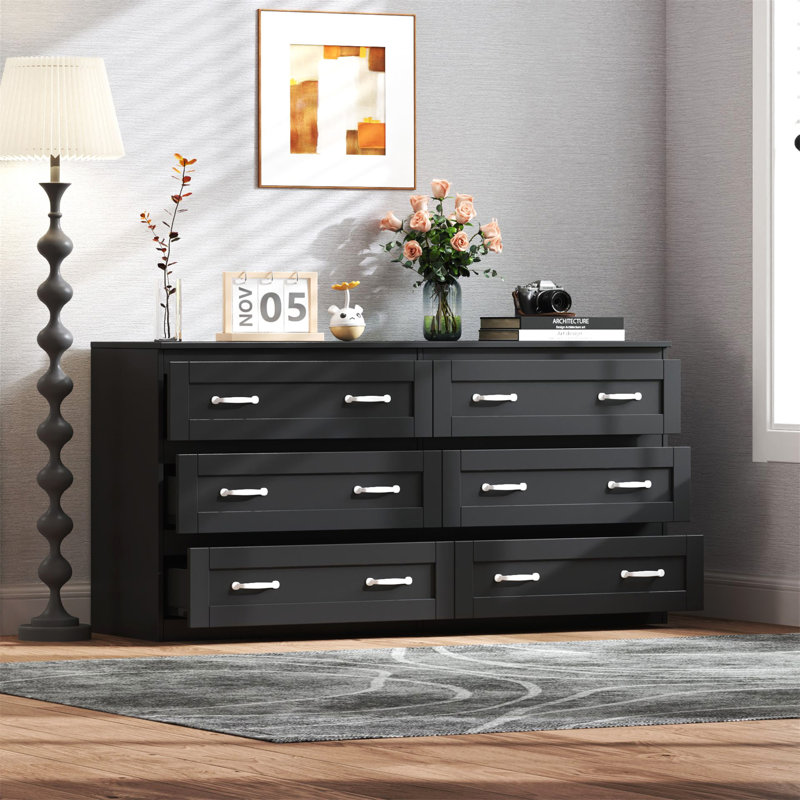 Commode d'appoint moderne noire à 6 tiroirs, Noir