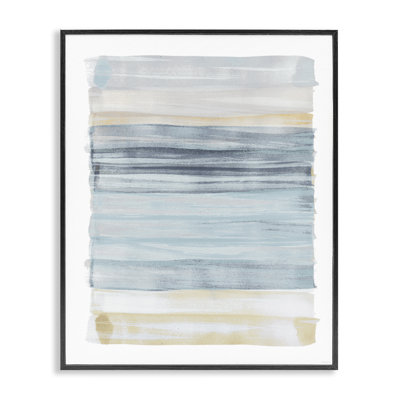 Tranquil Blue Beige Stripes Pattern Casual Painting Oversized Black Framed Giclee Texturized Art by Dan Meneely