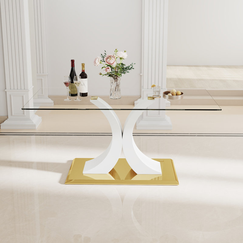 Table de salle à manger moderne en verre trempé avec base en métal Double-C pour la cuisine et la salle à manger, White/Gold