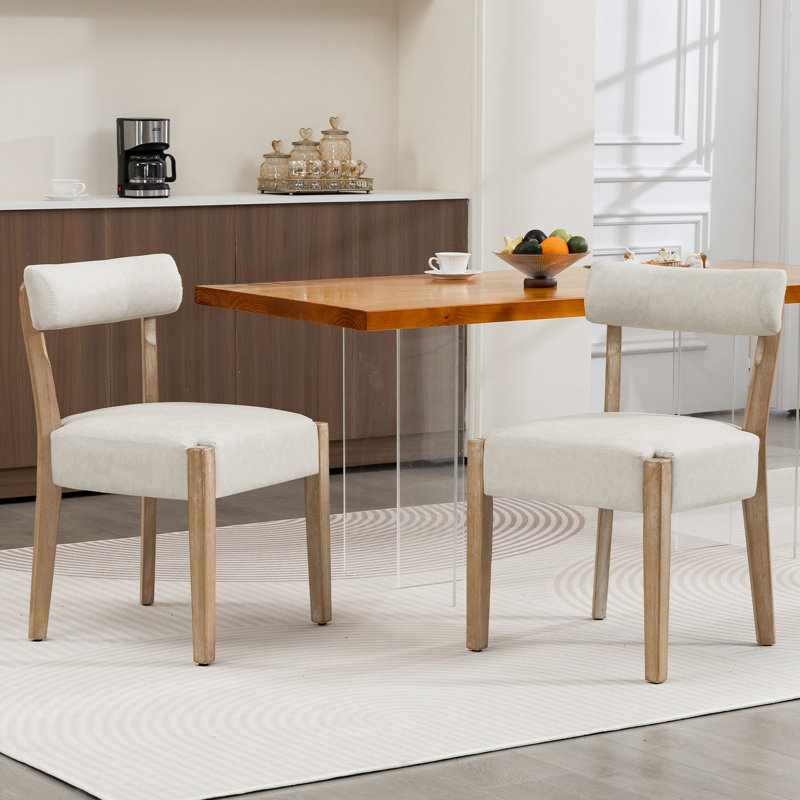 Linen Leather Solid Wood Side Dining Chairs, Beige