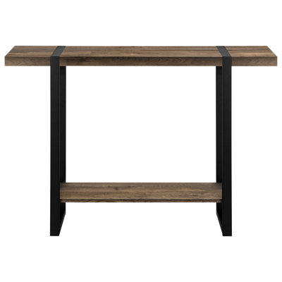 Modern Console Table For Bedroom - Brown Wood-Look Finish, Black Metal, Extra Storage, 12 Inches Wide Rectangular Laminate, Metal Legs, Design, Storage Space