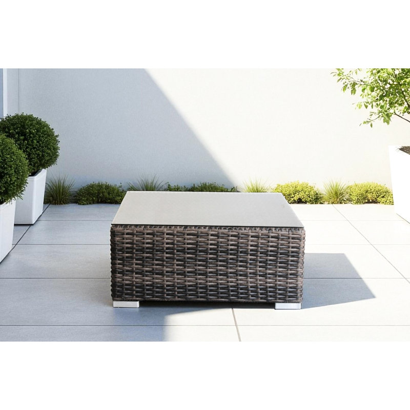 Square Brown Outdoor Coffee Table With Glass Top, Rustproof Aluminum, No Assembly, 28" Size, Weather- For Balcony Tempered Glass, Frame, 20 Lbs, Weather-, Ideal Patio