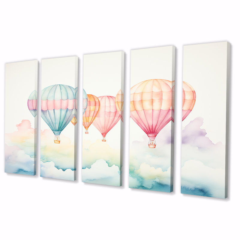 Aquarelle verte et rouge montgolfière Horizon II - montgolfière, art mural 5 pièces, H 32 po x l 80 po