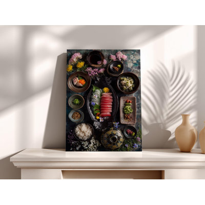 Toile à plat japonaise Sashimi - photographie de nourriture élégante, art mural de cuisine asiatique, décor de cuisine avec thon frais, cadeau de fin gourmet pour la salle à manger