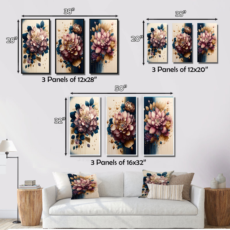 «Deep Pink Dahlia Floral Design», 3 pièces, Or, H 40 po x l 60 po