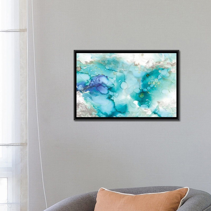 " Teal Marble " by Carol Robinson, 18" H x 26" W x 1.5" D, Black Framed Canvas, No Mat