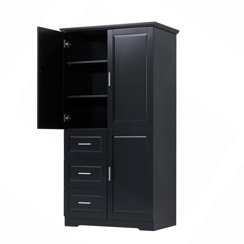 Tall And Wide Storage Cabinet With Doors For Bathroom/Office, Three Drawers, Black