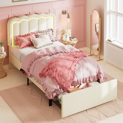 LED Velvet Upholstered Platform Storage Bed Frame With Drawer And Adjustable Headboard