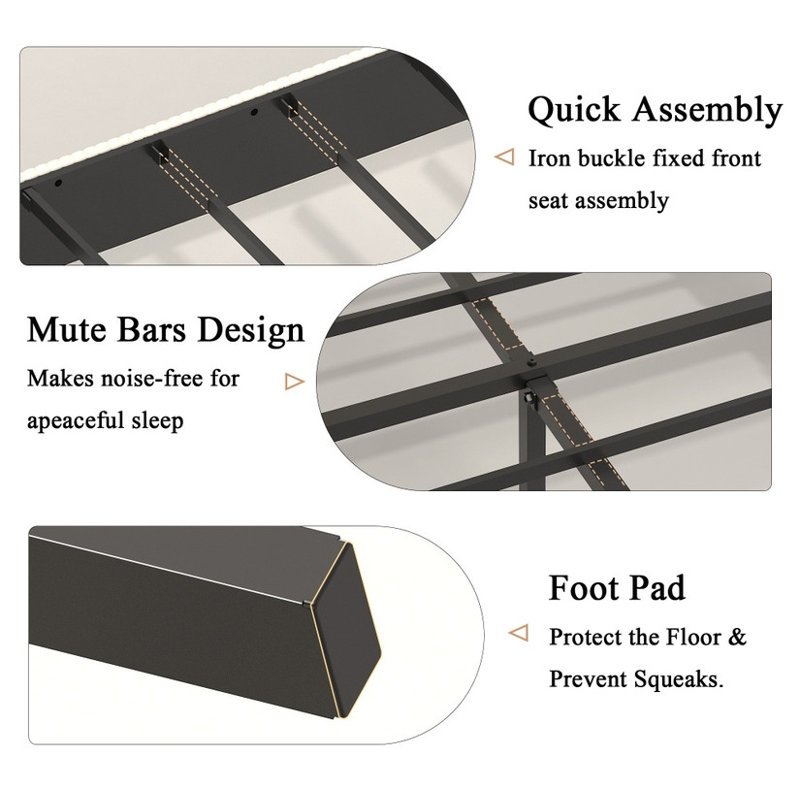 Full Size Beige Metal Platform Bed - Modern Design with Integrated Charging Station | Noise-Free Structure, No Box Spring Required, Sturdy & Stylish