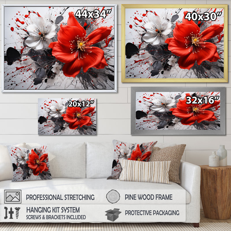 Red Grey Botanical Symphony I - Abstract Botanicals, reproduction d'art sur toile encadrée, H 24 po x l 32 po, Toile tendue