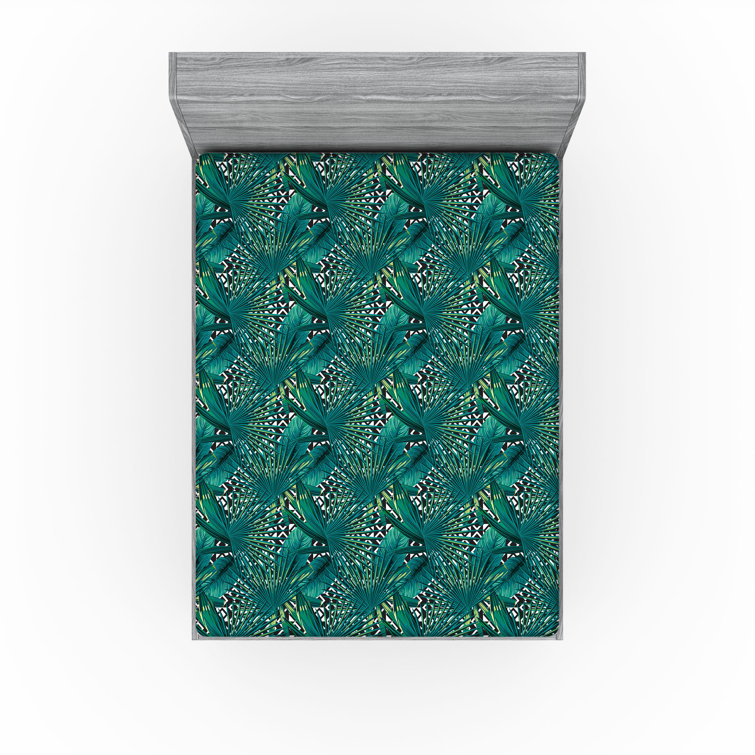 Ambesonne Floral Fitted Sheet Tropical Forest Leaves Retro Quartz Turquoise and Black