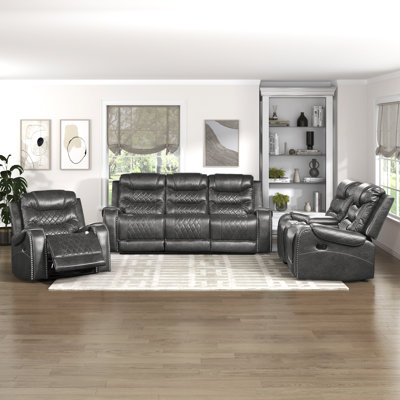 Denby Transitional Breathable Faux Leather Manual Reclining 3-Piece Living Room Set with Swivel Glider, Drop Down Console & Nailhead Trim