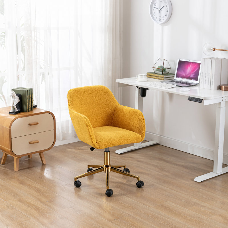 Teddy Fabric Material Adjustable Height 360 Revolving Home Office Chair With Gold Metal Legs And Universal Wheel For Indoor,Yellow
