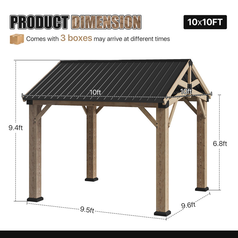 10×10Ft Gable Roof Wood Pavilion - Quick-Assembly Outdoor Gazebo With Square Posts, Light Gray, 10 Ft. W x 10 Ft. D