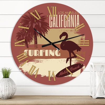 California Surfing Silhouette of FLamingo on Surfboard - Horloge murale moderne