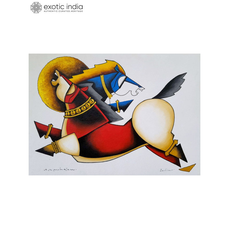 Peinture abstraite au galop au soleil par Arvind Mahajan - art mural moderne géométrique 16 po x 12 po pour le salon et le bureau