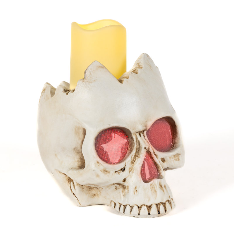9.05 Inch Spooky Lighted Resin Halloween Skull with LED Candle