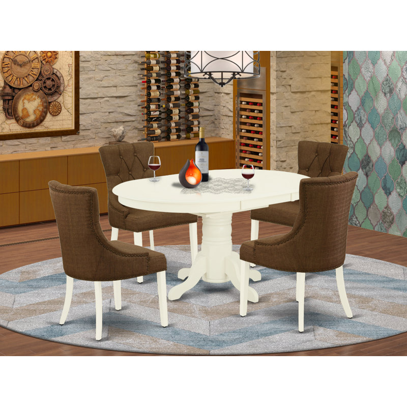 5 Piece Dining Room Furniture Set Includes an Oval Wooden Table with Butterfly Leaf and 4 Brown Linen Fabric Parsons Chairs, Linen White
