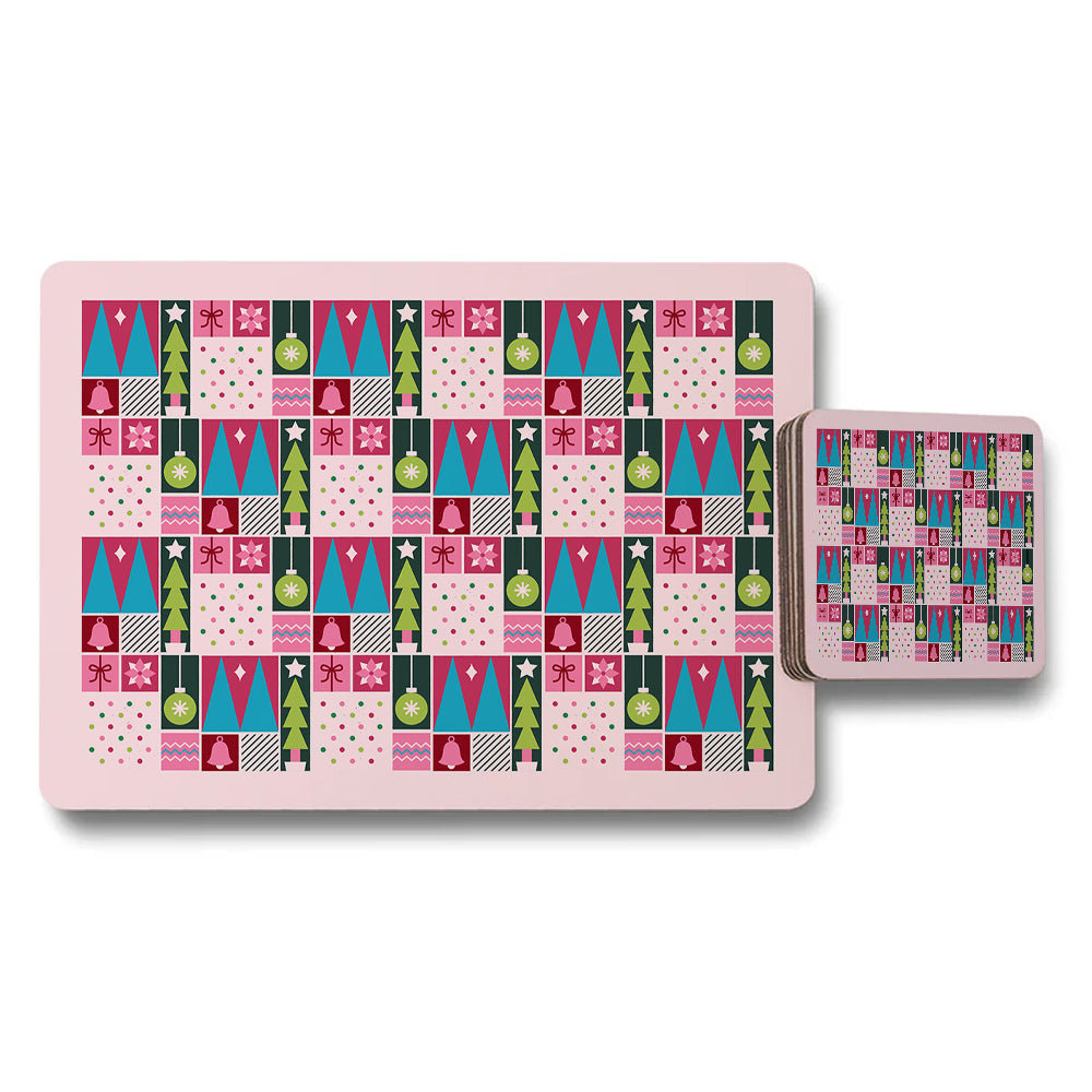Pink Christmas Placemat Coaster Set With Festive Geometric Pattern