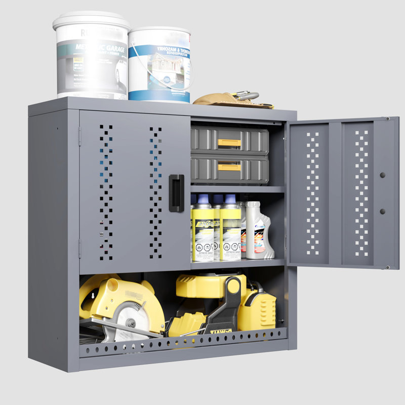 Armoire de rangement murale grise de 30,92 po de hauteur avec porte, armoire à outils flottante, tablettes amovibles, mouvement de charnière précis en acier pour cuisines, sous-sols, entrepôts, assemblage rapide,
