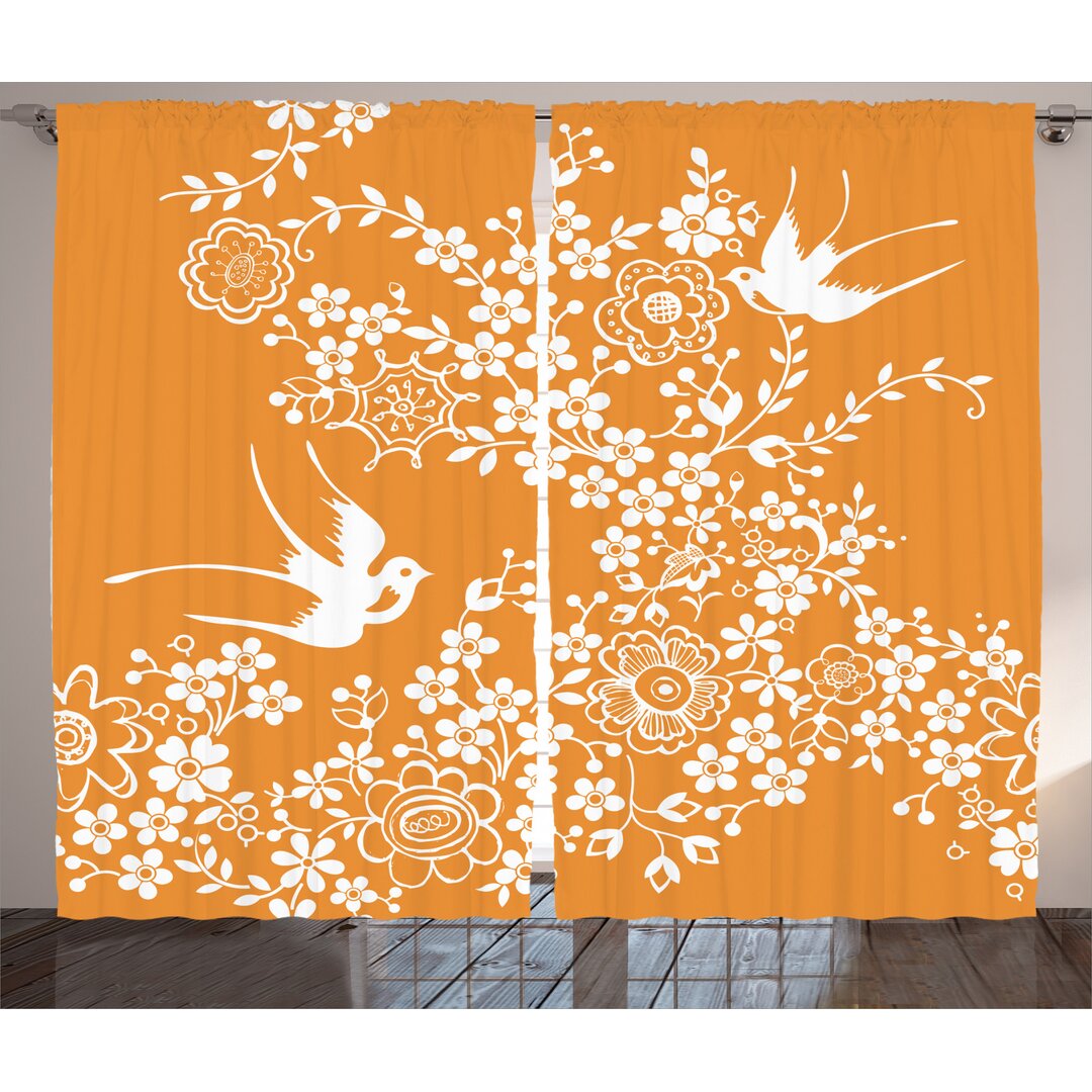 Rustikaler Vorhang, Japanische Baum-Vogel-Kunst, Orange, Marigold Weiß