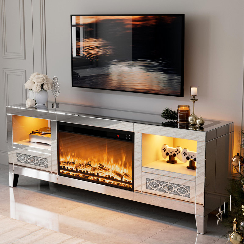 Silver Mirrored Fireplace TV Stand, Modern TV Stand Entertainment Center with Fireplace - Open Shelves & Drawers, Led Lights, Adjustable Heat & 3D Flame Effect, Crushed Diamonds, Fits Tvs Up To 65"+