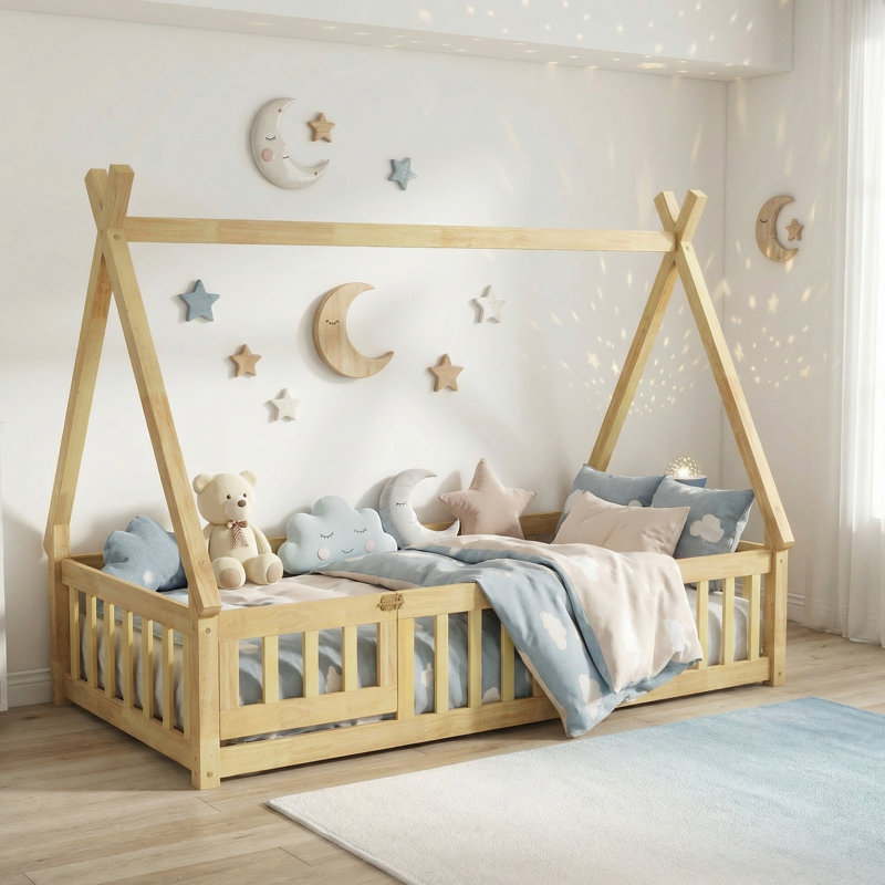 Lit simple en forme de tente Sailvan, lit tipi avec garde-corps, lattes et porte, Naturel