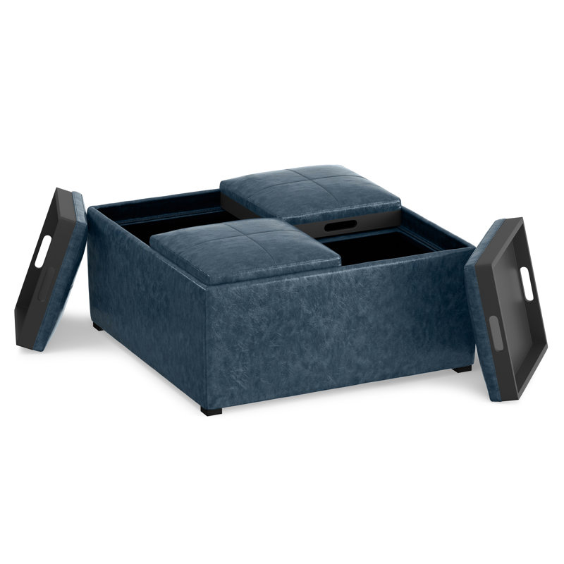 Avalon 35"W Upholstered Vegan Leather Modern Square Coffee Table Storage Ottoman with 4 Flip-Over Trays, Blue