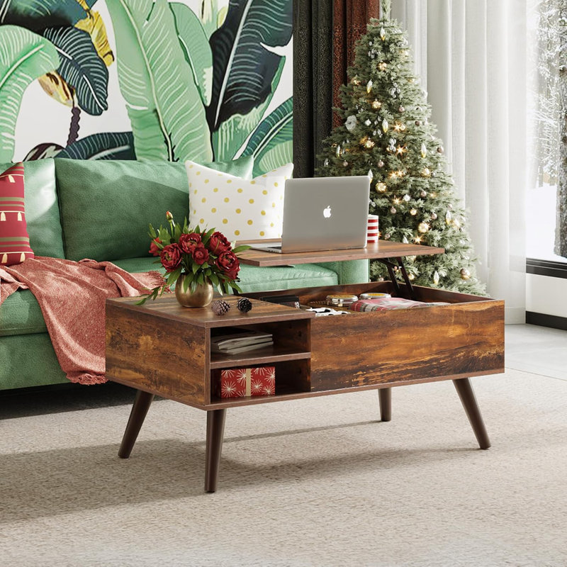 Table basse à plateau relevable en bois avec compartiment caché et tablette de rangement réglable