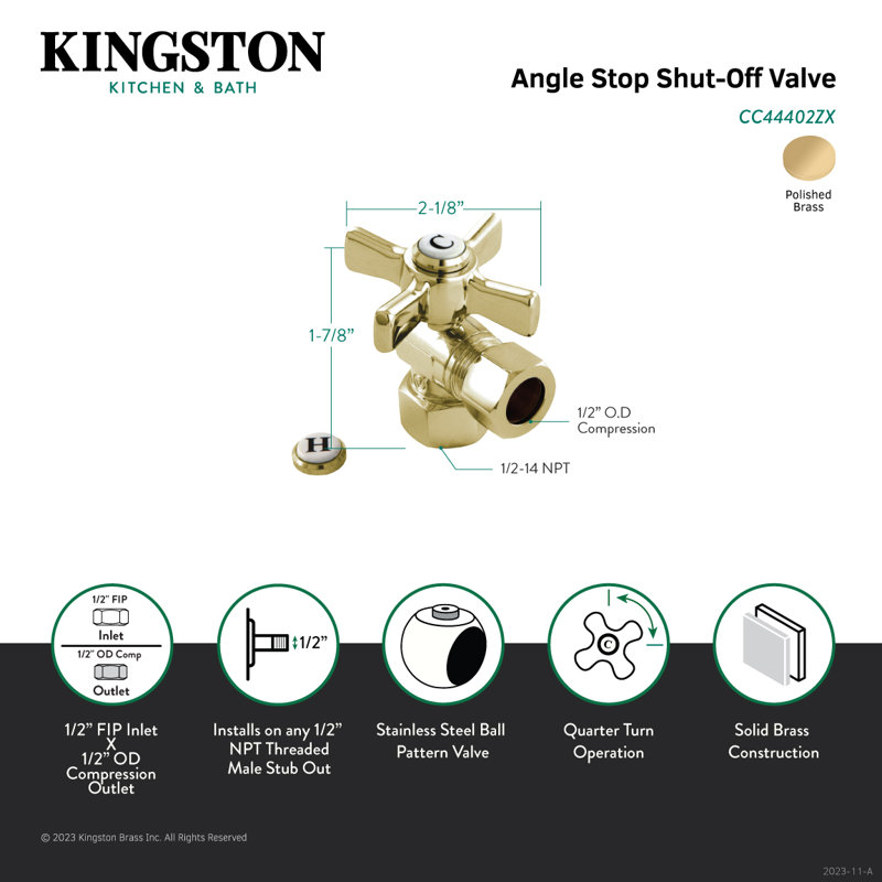 Kingston Brass Millennium 1/2-Inch FIP x 1/2-Inch OD Comp Quarter-Turn Angle Stop Valve, Polished Brass