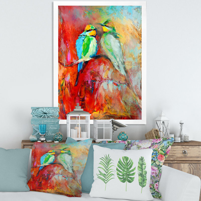 «Blue Tailed Bee Eaters on a Branch», peinture sur toile, H 32 po x l 24 po x P 1 po, Cadre photo blanc