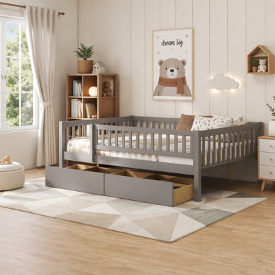 Lit de jour en bois avec deux tiroirs, gris, durable et peu encombrant pour la vie moderne
