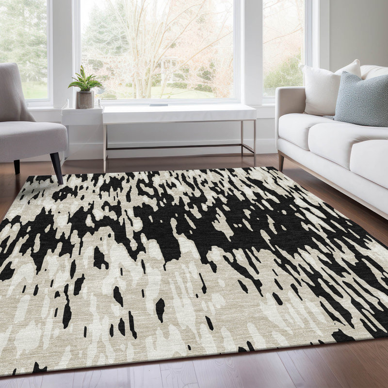 Premium Machine Washable Prisco Black Rug, Rectangle 10' x 14'
