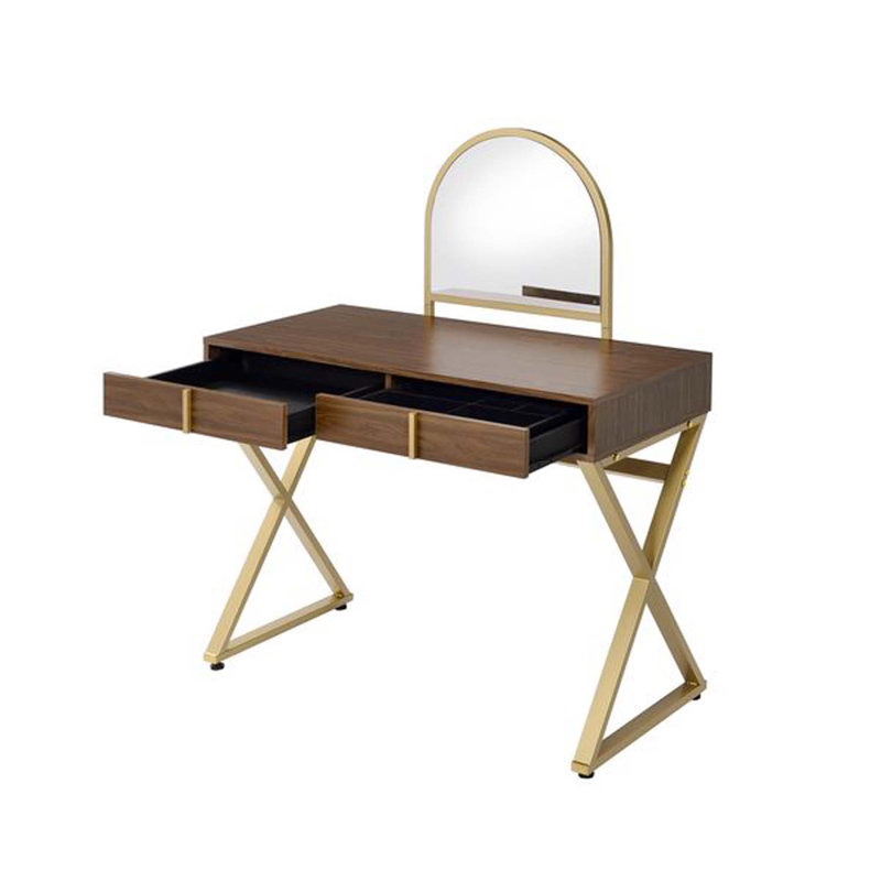 Coleen Vanity Desk w/Mirror & Jewelry Tray, Walnut & Gold Finish, Walnut & Gold (X Legs)