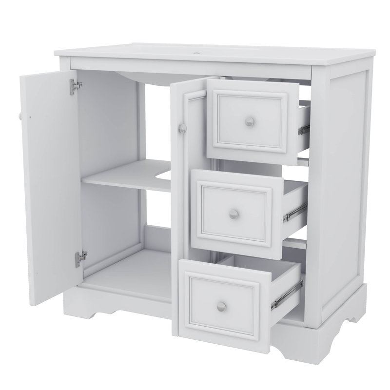 Meuble-lavabo autonome 36 po avec lavabo en céramique 3 tiroirs, 2 portes et tablette réglable, Blanc