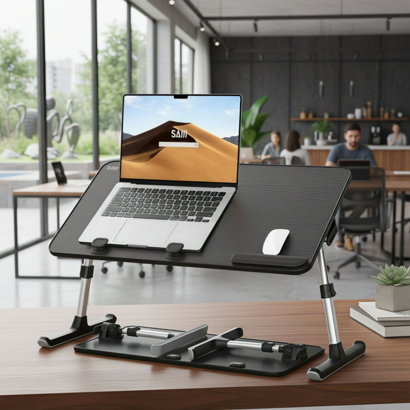 Table pliable noire pour ordinateur portable, réglable en hauteur et en angle, convenant aux lits, aux canapés et aux tours.