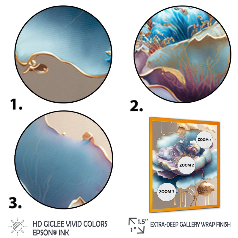 Glace bleue et mauve, aquarelle, fleur III - Impression sur toile, H 32 po x l 24 po x P 1 po