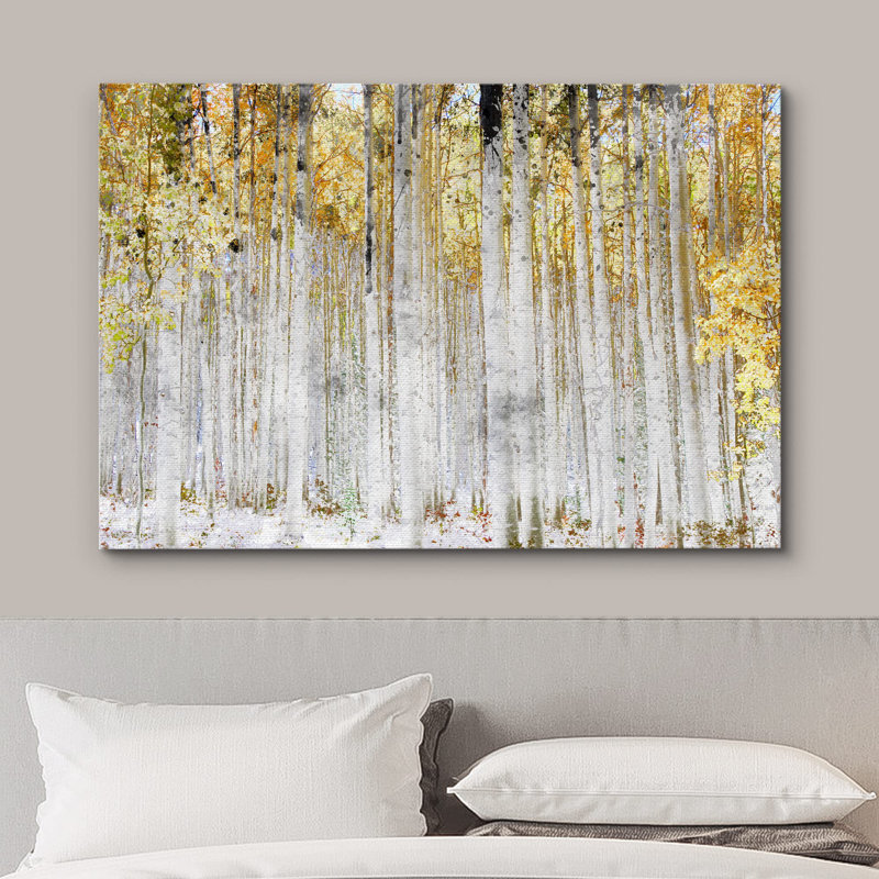 Aspen Birch Autumn Fall White Birch Tree Forest with Yellow Leaves Nature Landscape Rustic on Canvas, Toile tendue