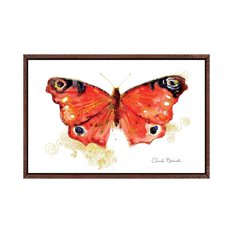 Butterfly In Gold by Claudia Bianchi - Painting on Canvas, Classic Brown Wood Framed, 66.04cm H x 101.6cm W x 3.81cm D