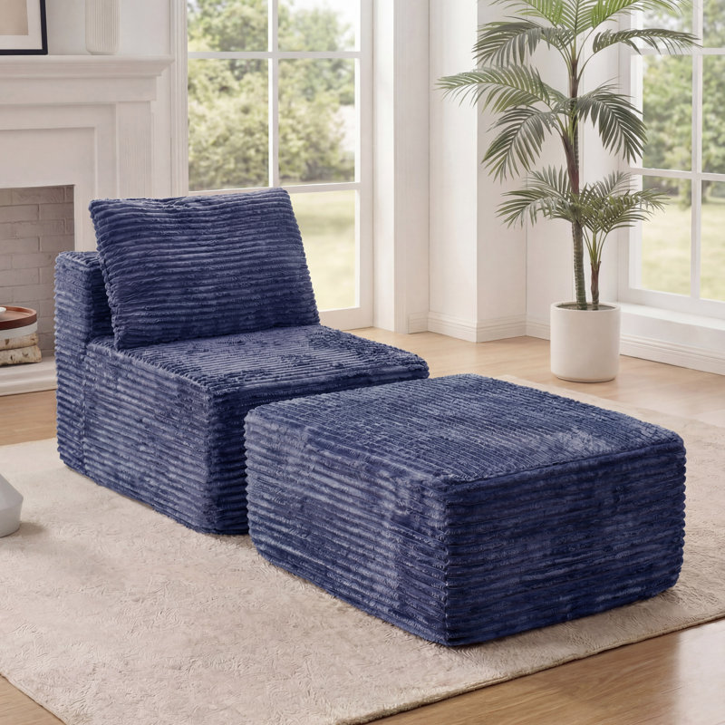 Kapellen Upholstered Flannel Modular Accent Chair with Ottoman Set, 2 Pcs Slipper Chair and Footrest Set with Pillow, Armless "Boneless" Cloud Sofa for Living Room Bedroom