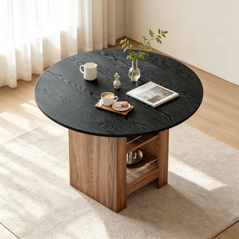 Table de salle à manger ronde en MDF noir de 107 cm (42 pouces), piètement en bois avec étagères de rangement ouvertes à deux niveaux, patins antidérapants, idéale pour la cuisine ou un appartement.