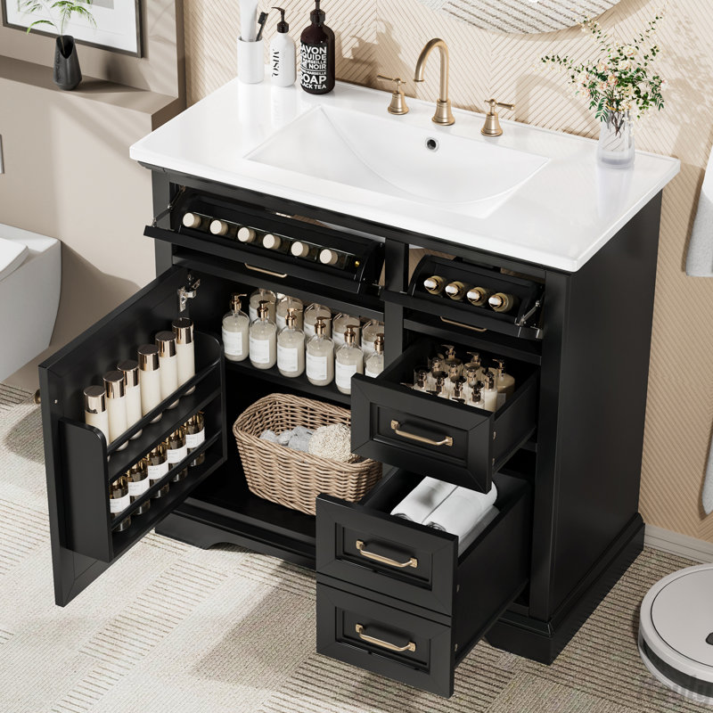 Meuble-lavabo 36 po avec lavabo en céramique et 2 tiroirs basculants 36 po, Noir