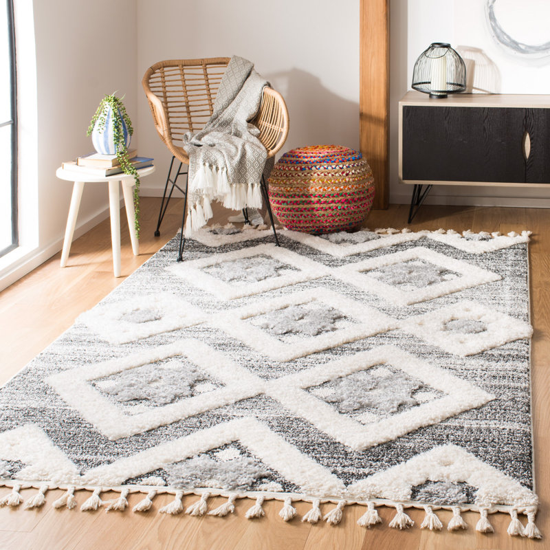 Tapis performance à poil long à pampilles à motif marocain, Rectangle 6 pi 7 po x 9 pi 2 po