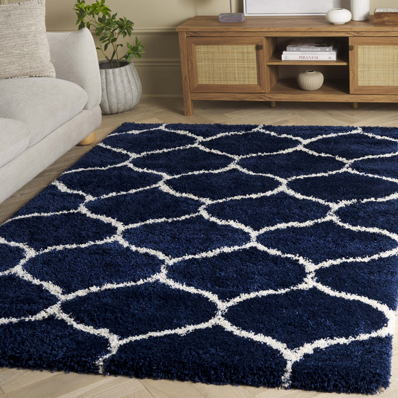 Darrold Shag Performance Geometric Rug, Rectangle 2'3" x 3'9", Navy/Ivory