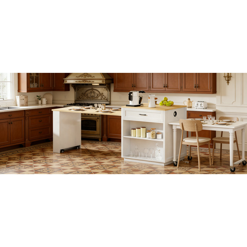 Extendable Kitchen Island With Dining Table, Storage, And Power Outlets For Versatile Use And Space Efficiency